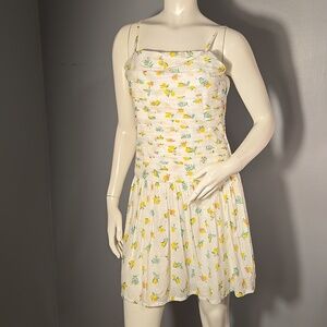 Japna Lemon Print Smocked Back Pleated Front Lined Mini Dress Size M